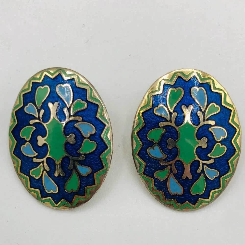 Vintage Blue and Green Enamelled Earrings - Picture 1 of 5